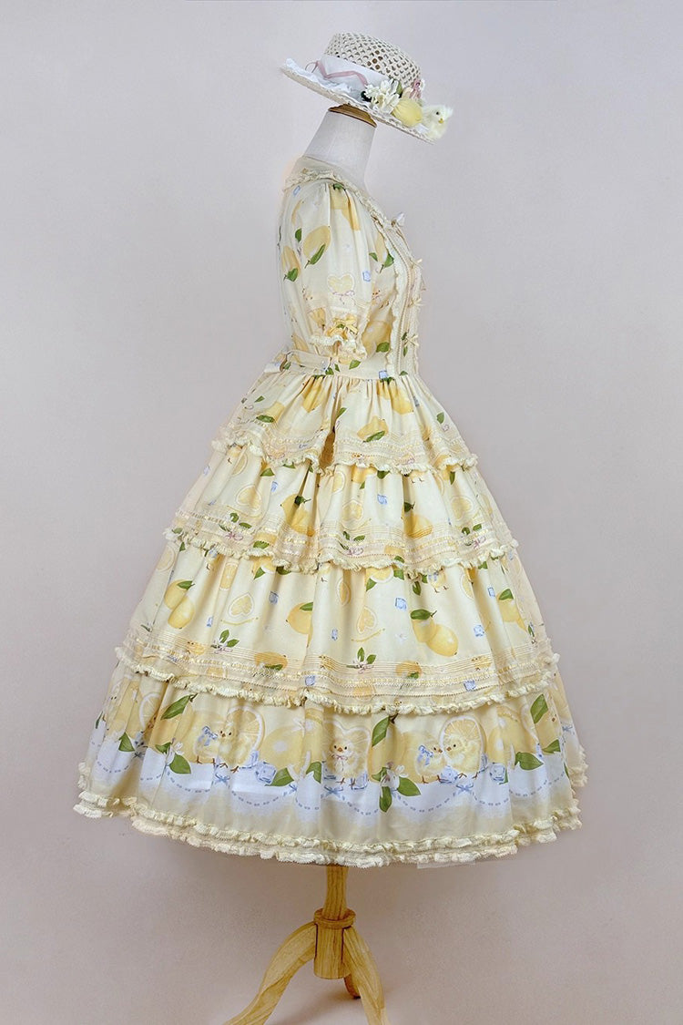 Lemon Chicken Short Sleeve Triple Layer Print Ruffle Bow Lace Gorgeous Lolita Gown in Yellow