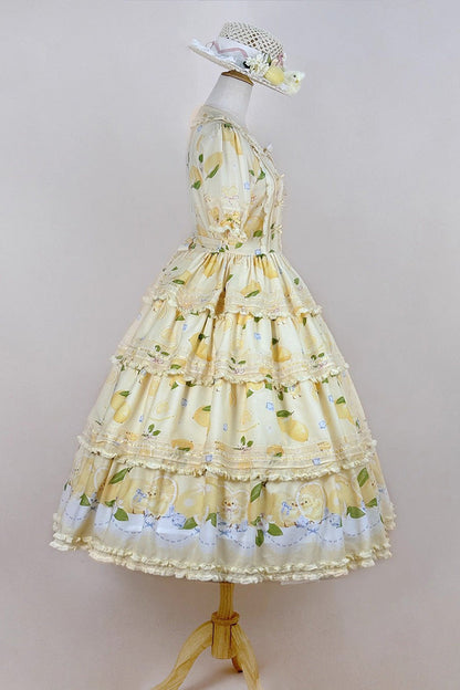 Lemon Chicken Short Sleeve Triple Layer Print Ruffle Bow Lace Gorgeous Lolita Gown in Yellow