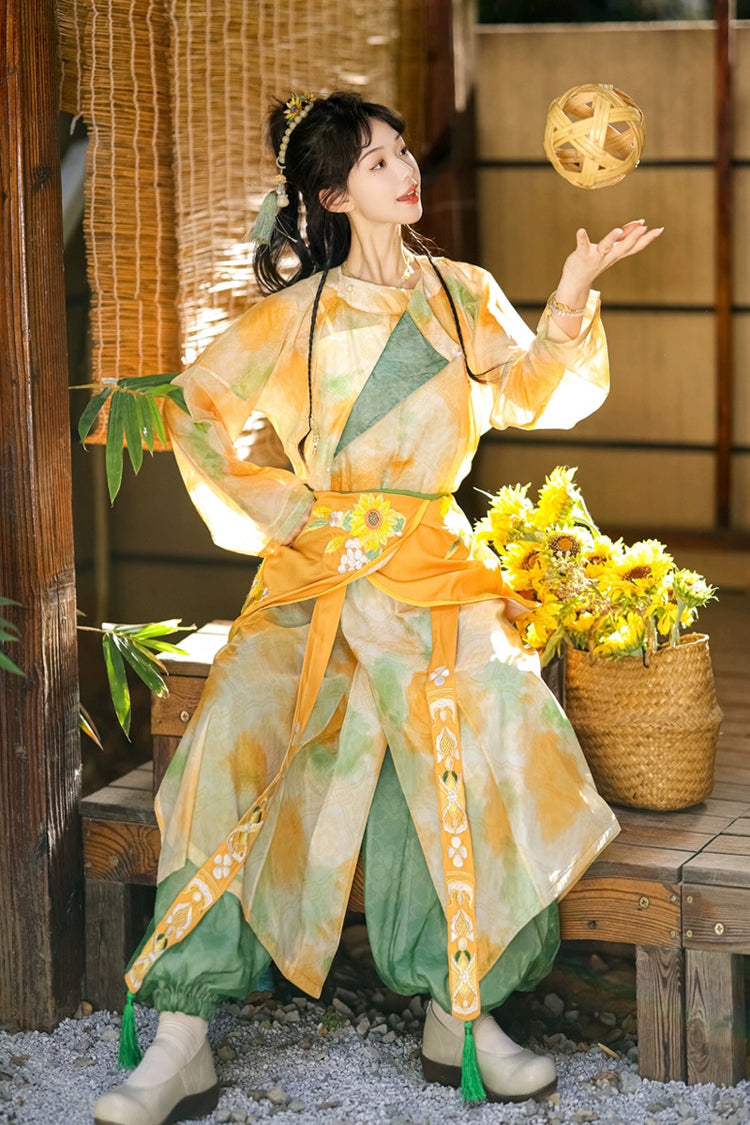Round Collar Long Sleeve Printed Hanfu Pants Outfit in Yellow Green