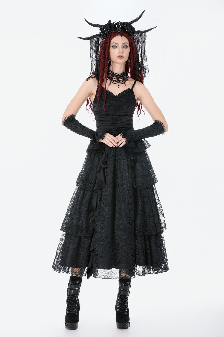 Ruched Lace Gothic Maxi Slip Dress for Weddings