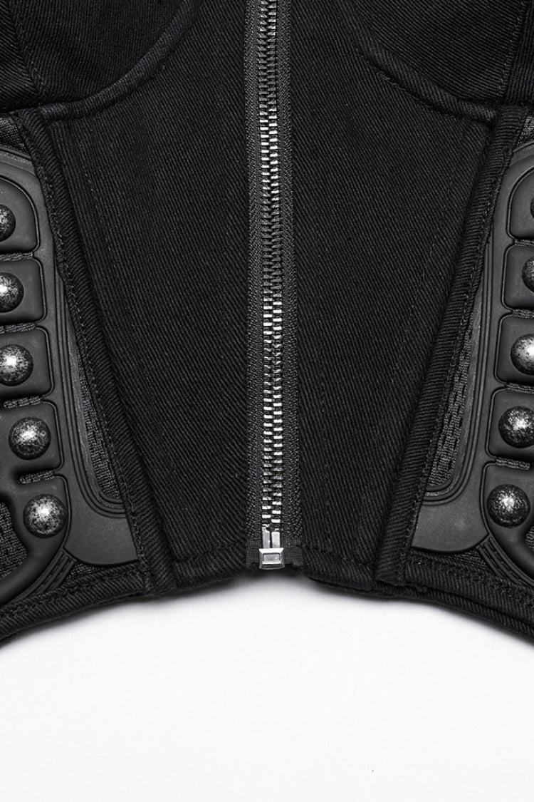 Studded Lace-Up Sleeveless Punk Gilet with Buckles - NoirEdge