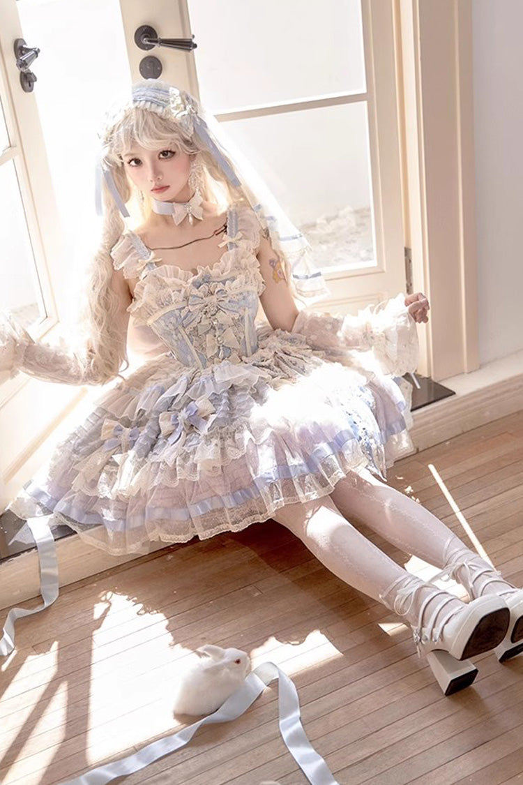 Sleeveless Embroidered Lace Dress with Fishbone Ruffle and Bow