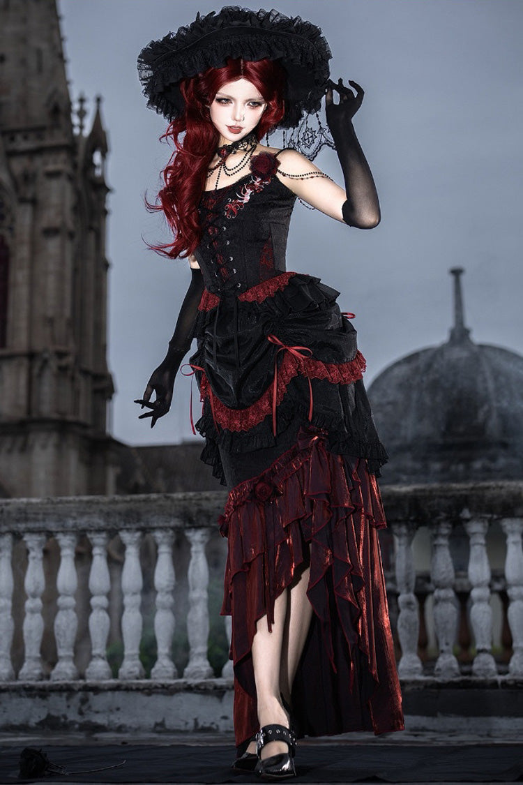 Rotten Bone Flower Lolita Skirt Set with Lace-Up Details - Noir