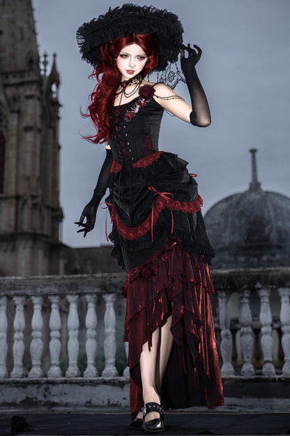 Rotten Bone Flower Lolita Skirt Set with Lace-Up Details - Noir