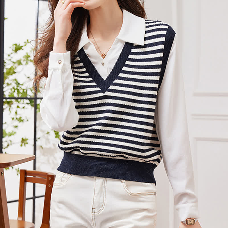 Stripe Fake Two Pieces Knit White Lapel Shirt