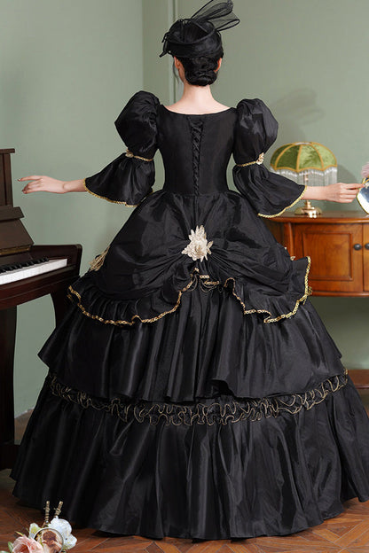 Square Collar Gothic Victorian Dress with Half Trumpet Sleeves and Ruffled Open-Front