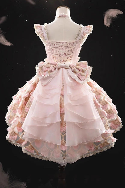 Rose Peacock Feather Tiered Ruffle Bride Cardigan Bow Lace Sweet Lolita JSK Set