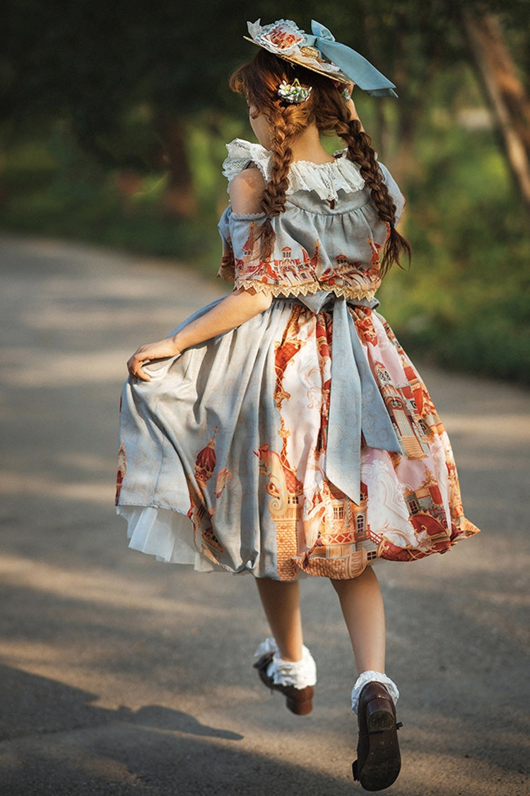 European Architecture Oil Painting Off-Shoulder Ribbon Lolita Dress