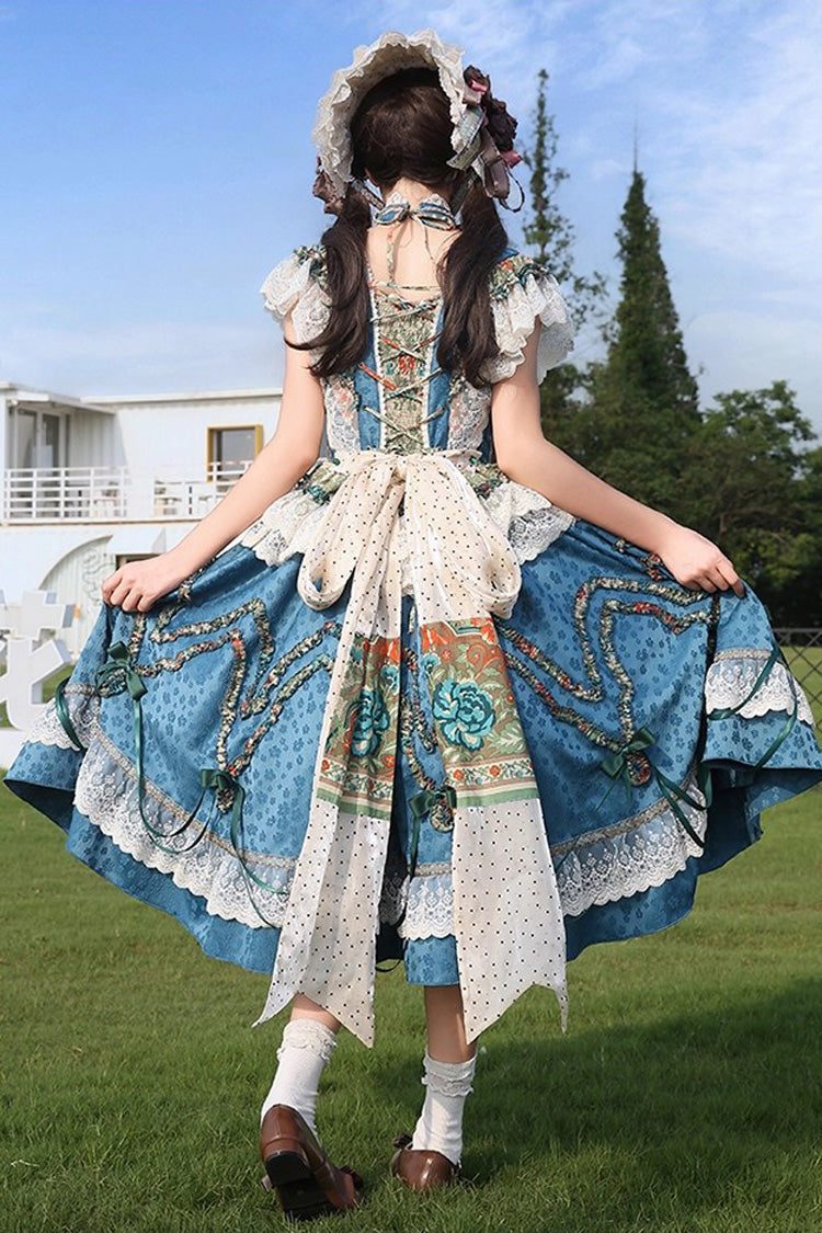 Sleeveless High Waist Printed Ruffled Cardigan Bow Lace-Up Vintage Princess Lolita JSK