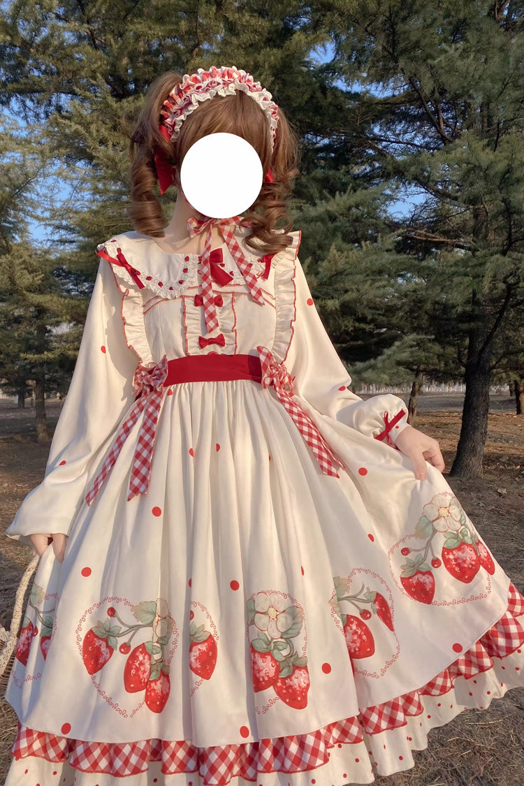 White Strawberry Printed Ruffled Bow-Trim Sweet Lolita Dress Set