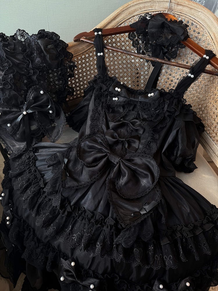 All Black Bow Accents and Bead Details Princess Lolita Dress with Big Bow at Back