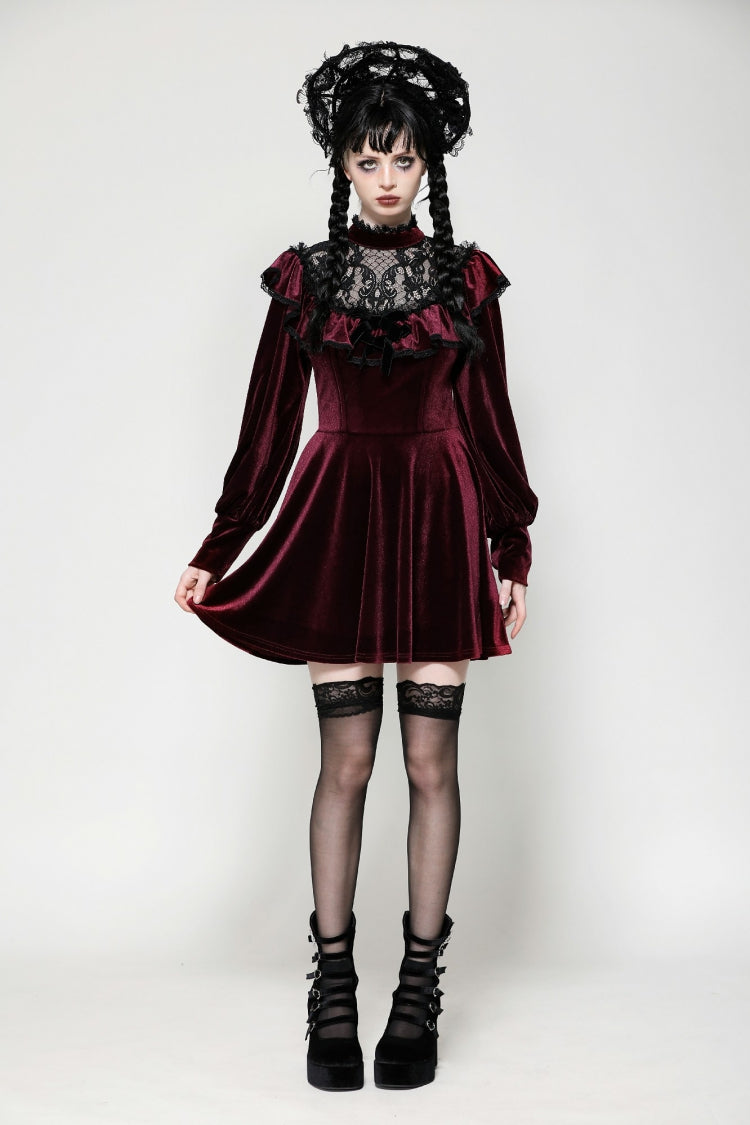 Crimson Knit Velvet Maxi Gown with Long Sleeves - Gothic Graduation Attire