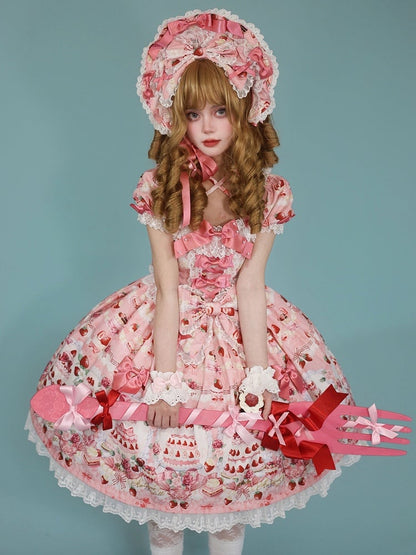 Strawberry Cake Print Pink Bow Accents Sweet Lolita Dress / Full Set