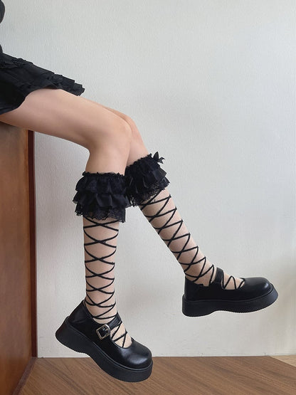 White/Black Bowknot Details Crisscorss Banded Underknee Stockings