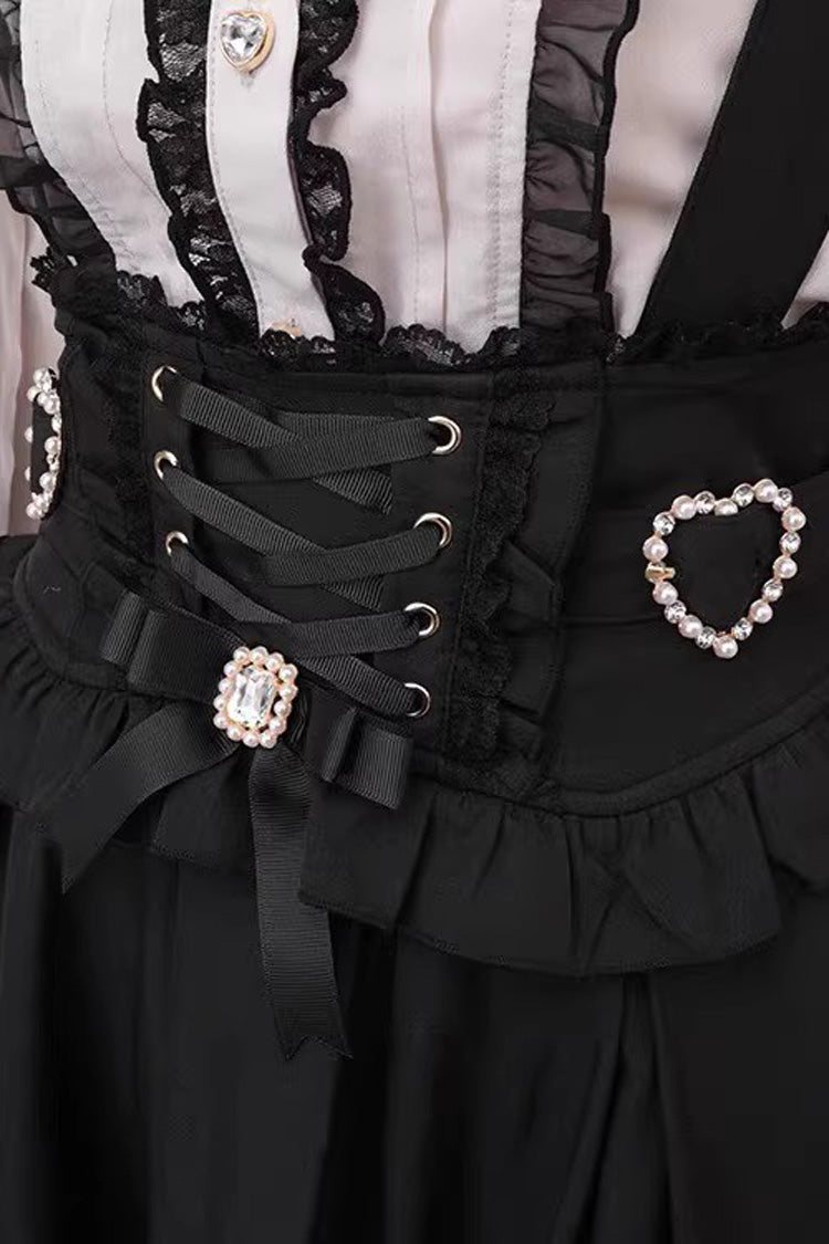 Black Ruffled Bow Lace-Up Pearl Gothic Skirt