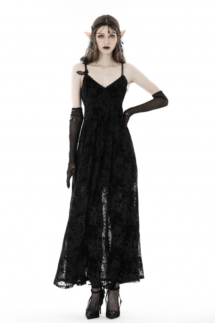Maxi Rose Print Gothic Slip Dress with Lace-Up Back - NoirEdge