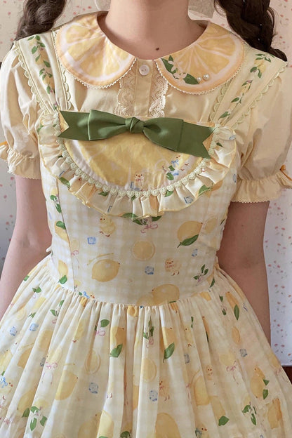 Lemon Chicken Print Ruffle Bow Lace Sweet Lolita JSK Long in Yellow