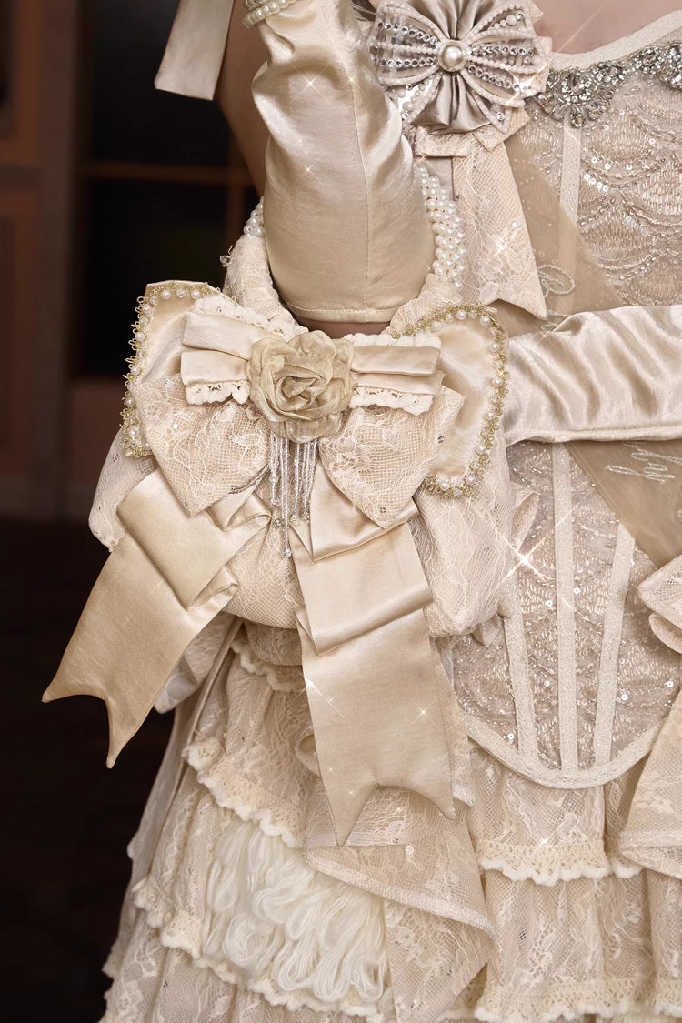 Gilded Pearl Bow Satin Handbag in Champagne