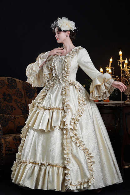 Classic Palace Dress with Square Collar & Trumpet Sleeves