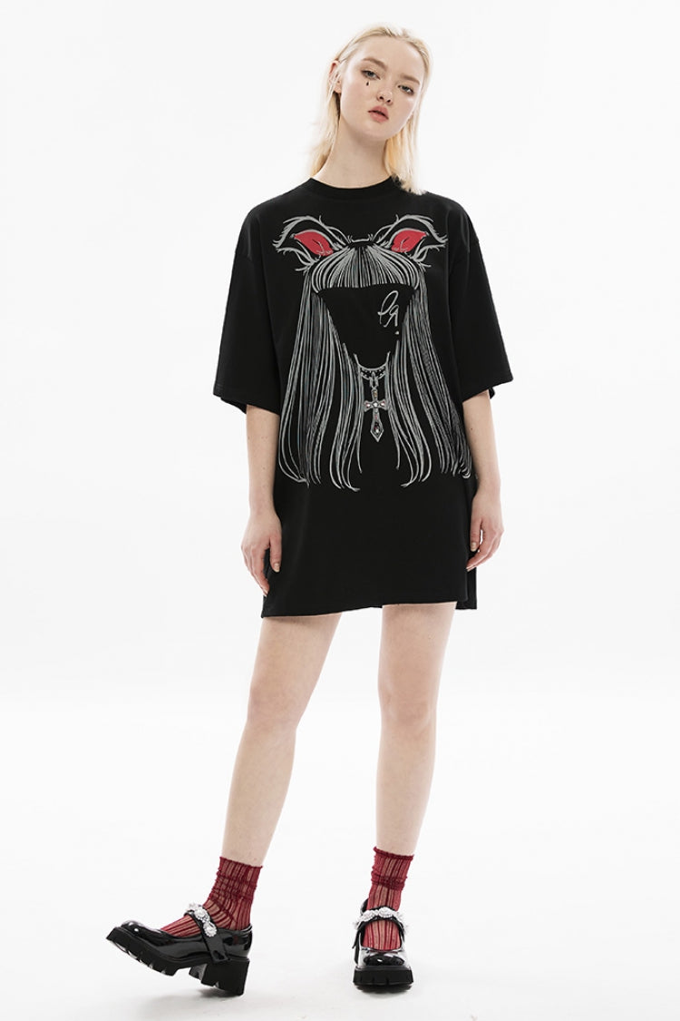 Punk Tee with Faceless Cat-Ear Girl Graphic - Oversized