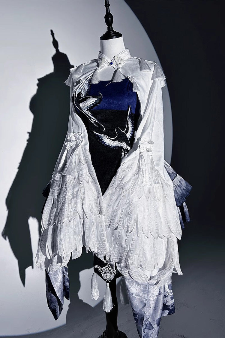 Dark Blue Feathered Finch Multi-Layer Print Ruffle Classic Chinese Style JSK Dress Set