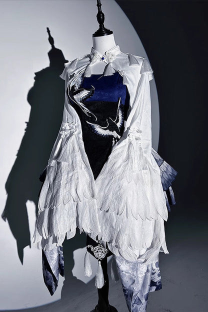 Dark Blue Feathered Finch Multi-Layer Print Ruffle Classic Chinese Style JSK Dress Set