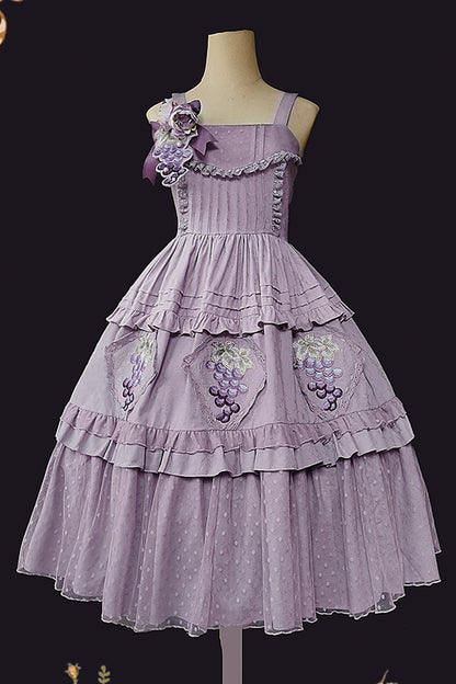 Purple Sleeveless Jacquard Ruffle Embroidery Sweet JSK Dress - Vineyard