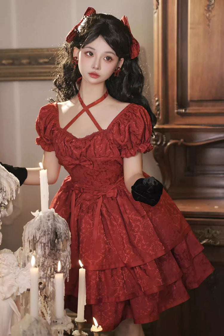 Crimson Thorned Rose Short Sleeve Multi-Layer Ruffle Bow Princess Lolita Dress