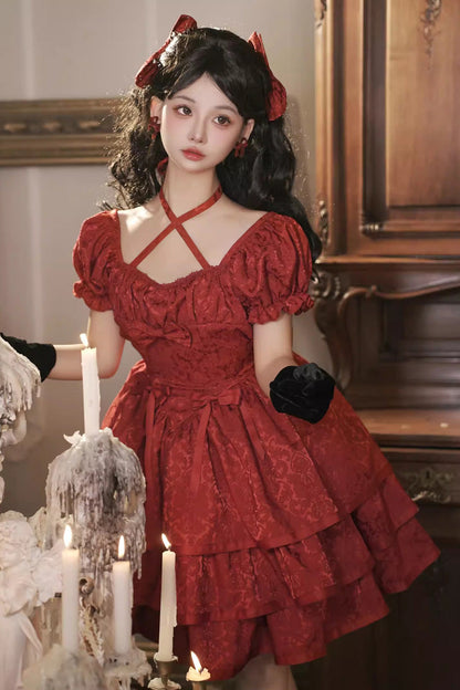 Crimson Thorned Rose Short Sleeve Multi-Layer Ruffle Bow Princess Lolita Dress