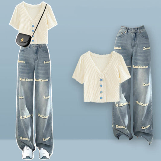Blossom Button Denim T-Shirt Set Pants Letter