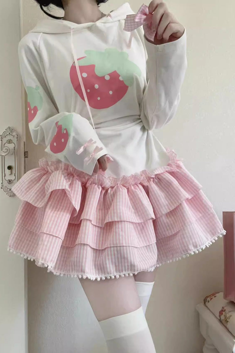 White/Pink Sweet Lolita Long-Sleeved Strawberry Print Hooded Dress