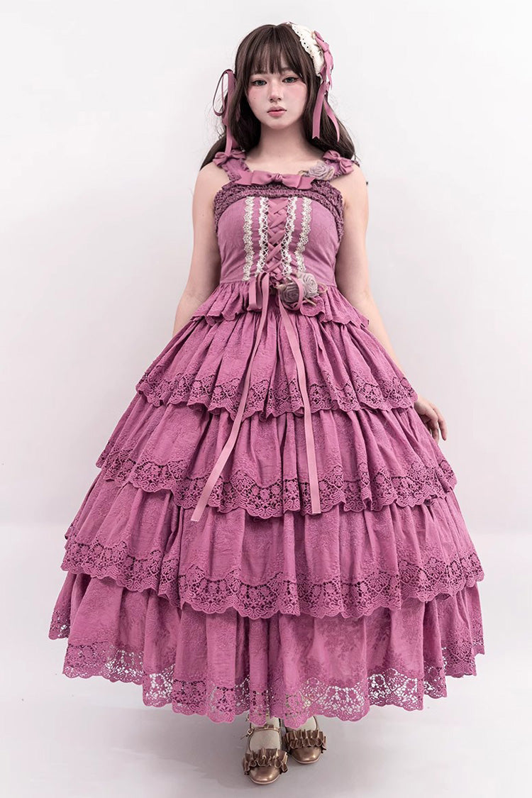 Sweet Elegant Lolita Suspender Top with Embroidery Bowknot and Lace-Up