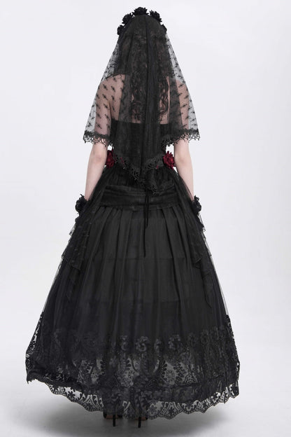 Women's Gothic Floral Mesh Skirt with Black Stitching