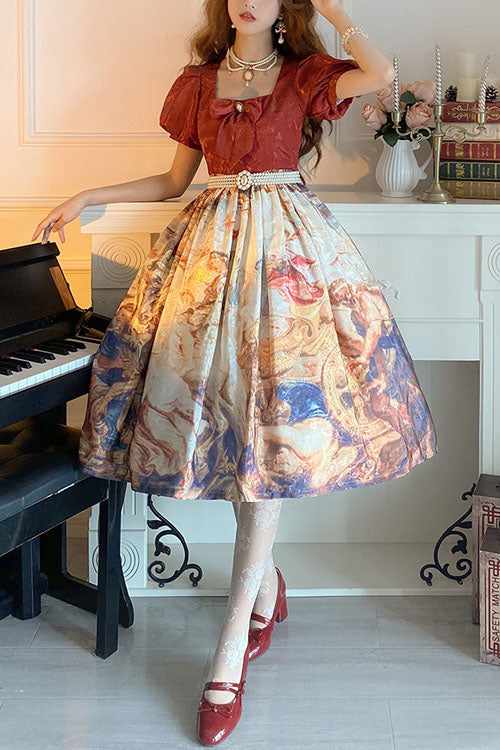 Red Puff-Sleeve Classic Lolita OP Dress with Church Victory Print