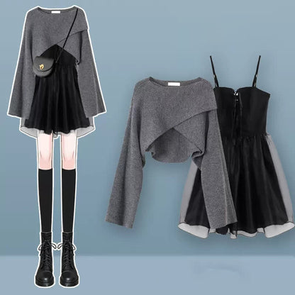 Dress Knot Sweater Set Tulle Cardigan Slip Up Lace Chic Bow