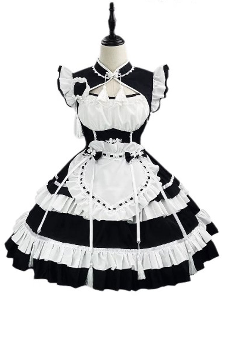 Black and Ivory Love Double Layer Ruffle Bow Sweet Plus Size Chinese Lolita Ensemble