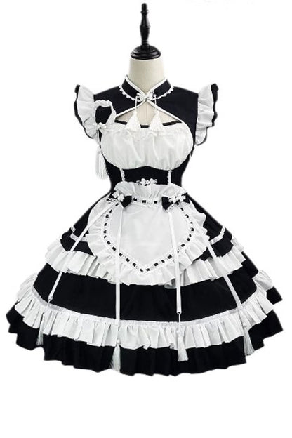 Black and Ivory Love Double Layer Ruffle Bow Sweet Plus Size Chinese Lolita Ensemble