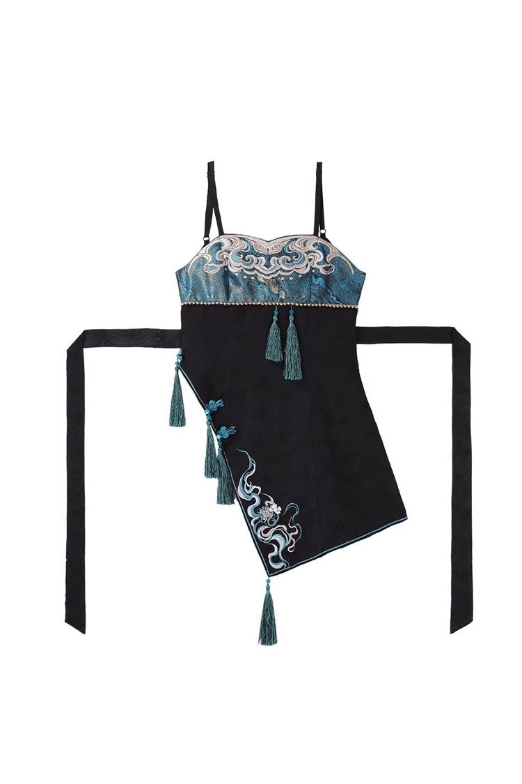 Cut-Out Embroidered Chinese Style Jumper Dress - Black/Blue Misty Teal