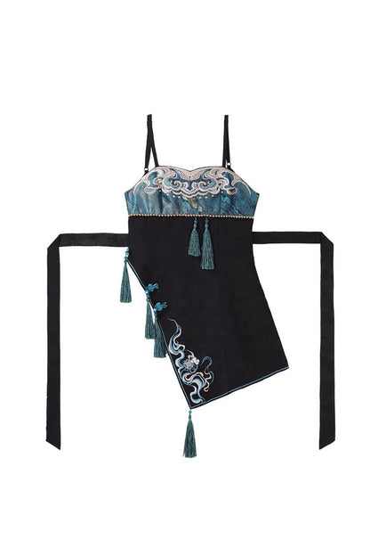 Cut-Out Embroidered Chinese Style Jumper Dress - Black/Blue Misty Teal