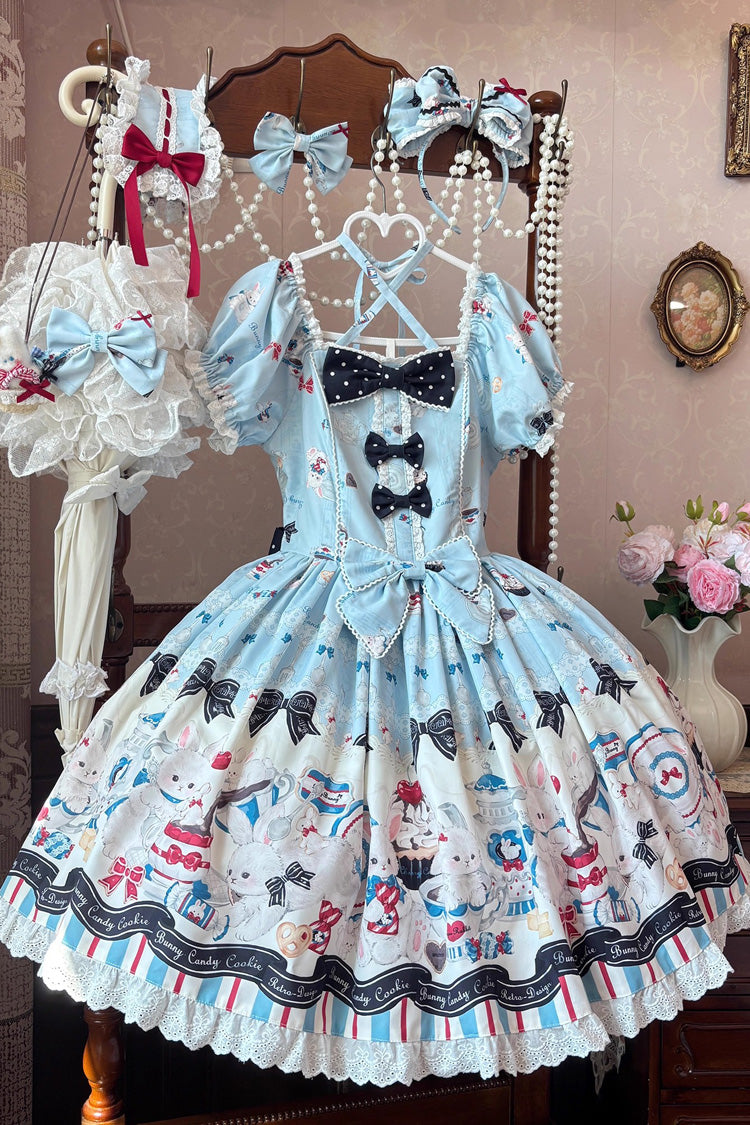 Square-Neck Ruffle Bow Dress with Lace and Print