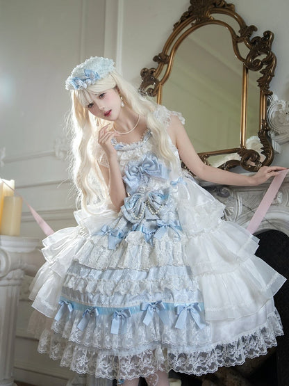 White and Blue Hanayome Bows Decoration Tiered Skirt Hime Lolita Dress