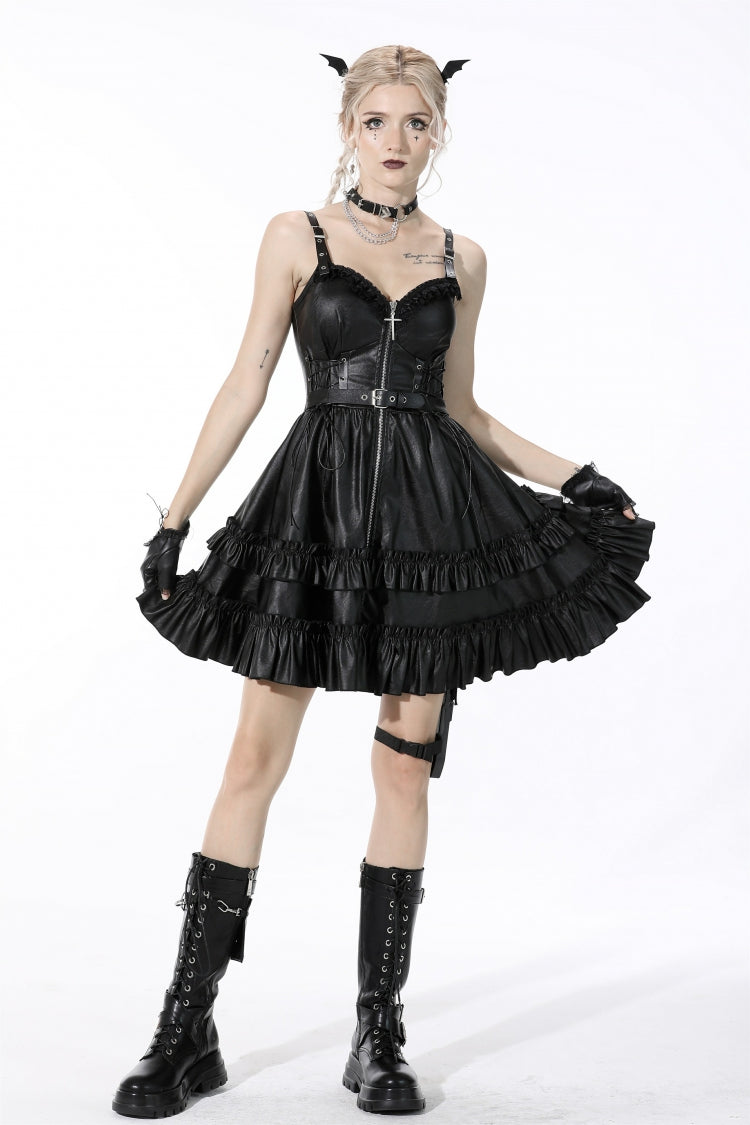 Layered Strap Gothic Dress with Buckles and Zippers