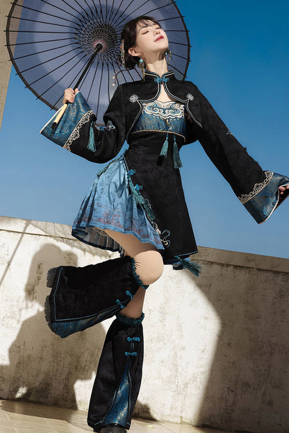 Cut-Out Embroidered Chinese Style Jumper Dress - Black/Blue Misty Teal