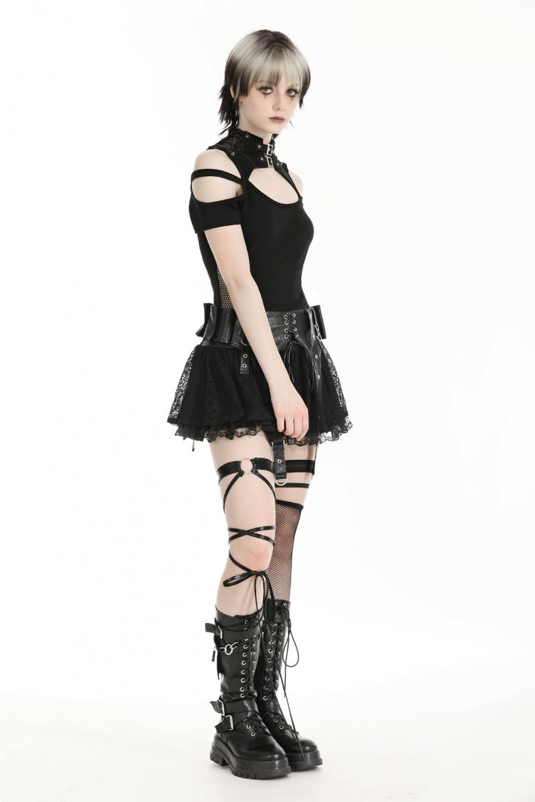 Lace-Up Punk Mini Skirt with Spliced Lace in Black Faux Leather