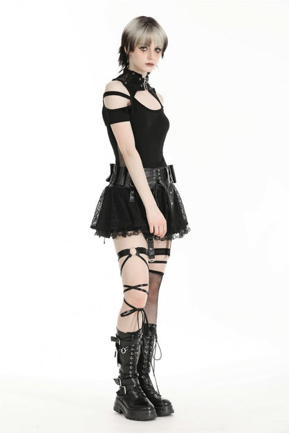 Lace-Up Punk Mini Skirt with Spliced Lace in Black Faux Leather