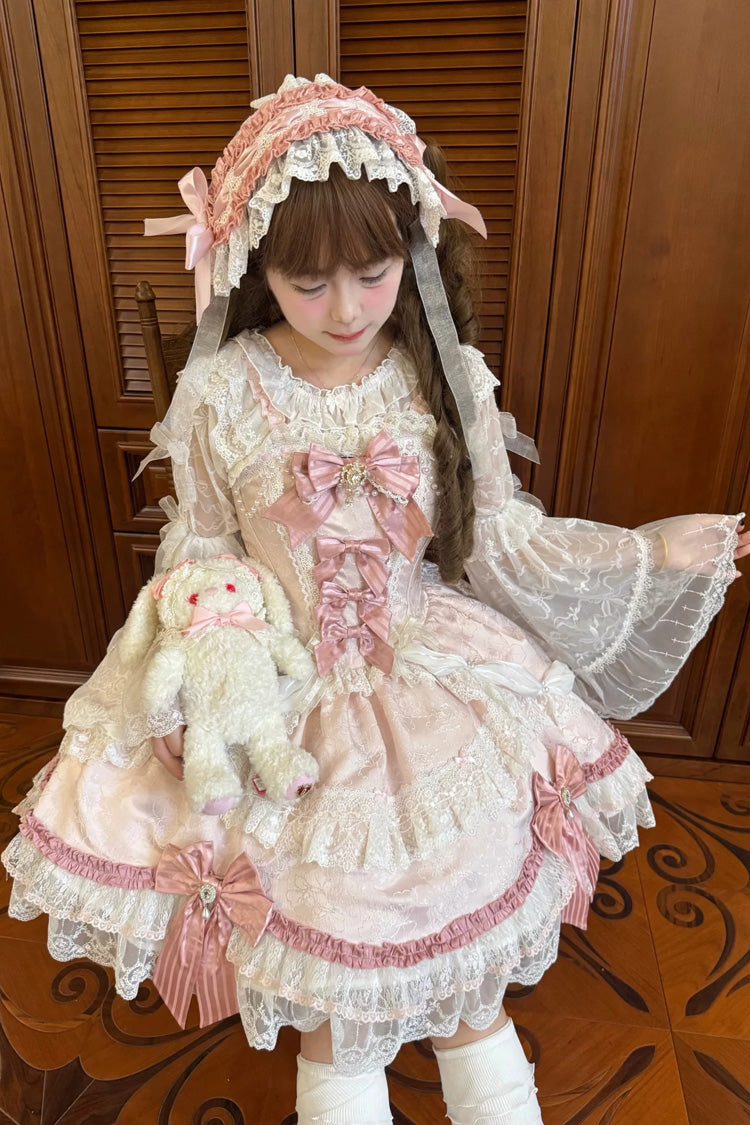 Rose Ribbon Prelude Square Neck Sleeveless Embroidered Floral Lace A-Line JSK Dress - Pink
