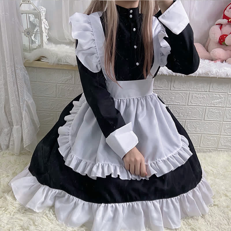 Robe de soubrette Lolita à volants et manches longues avec boutons noirs