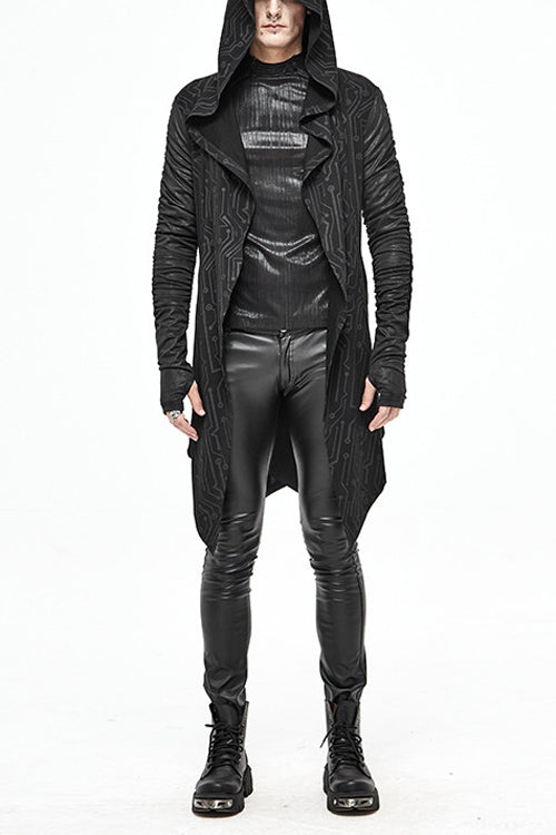 Men's Punk Knit Long Coat with Hood Wrinkled Sleeves Circuit Print