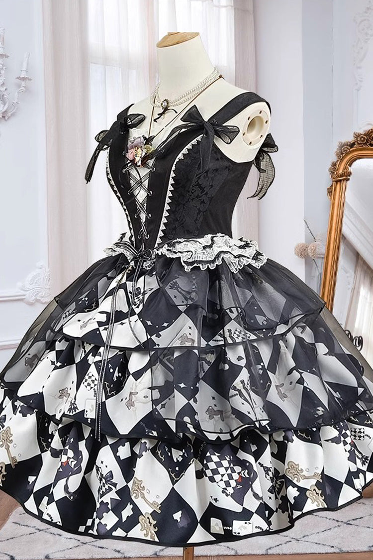 Black White Board Games Triple-Layer Print Ruffle Vintage Lolita Skirt