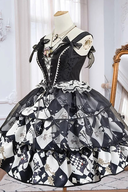 Black White Board Games Triple-Layer Print Ruffle Vintage Lolita Skirt